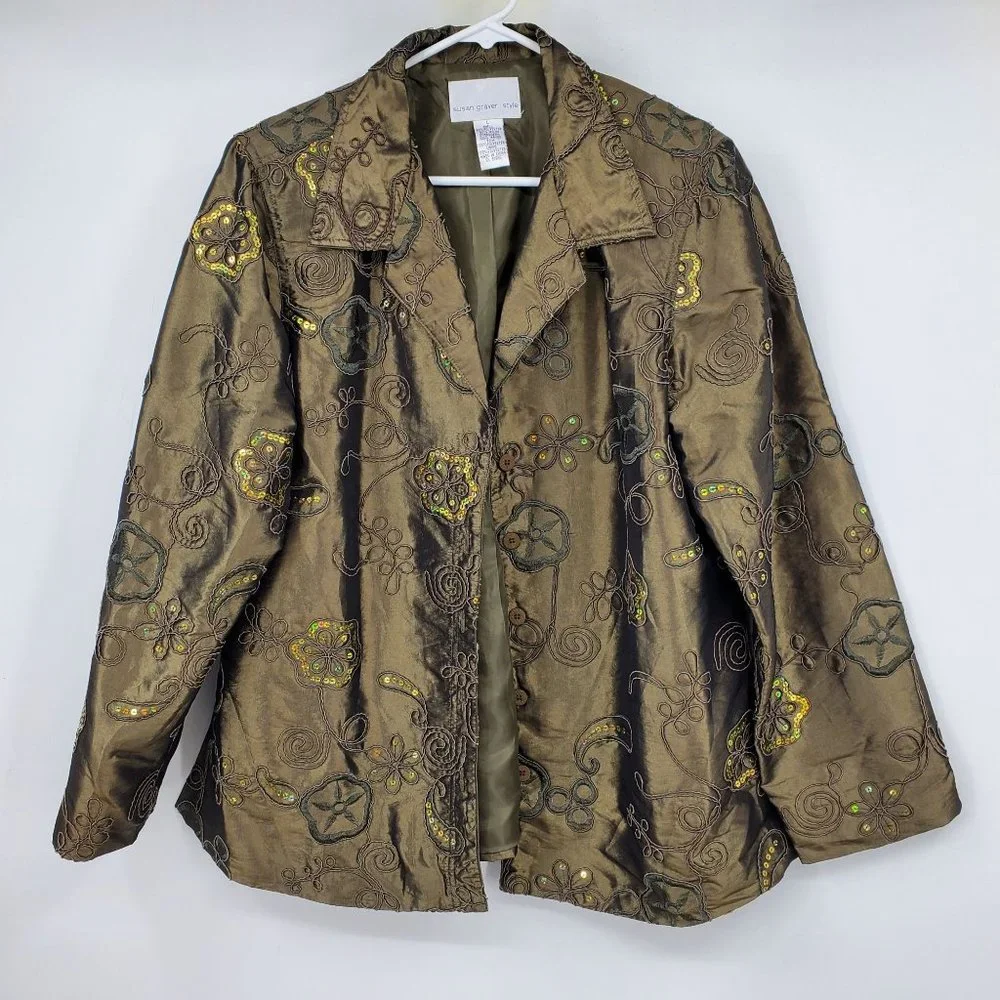Susan Graver Style Green Floral Print Sequin Blazer Light Suit‎ Coat Large